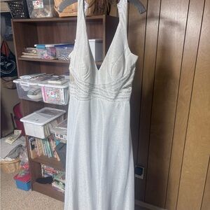 David's Bridal Shimmery White V-Neck Beaded Prom Dress